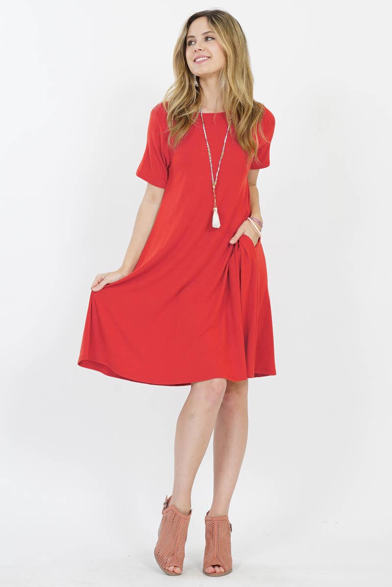 ".._ SI-25493 Short Sleeve Flared Dress With Side Pockets