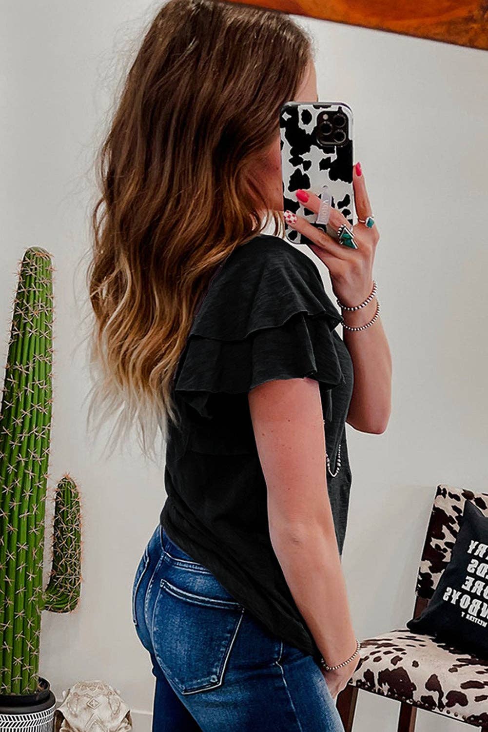 Dark Grey Ruffle Sleeve Casual Tee Boutique Summer Top