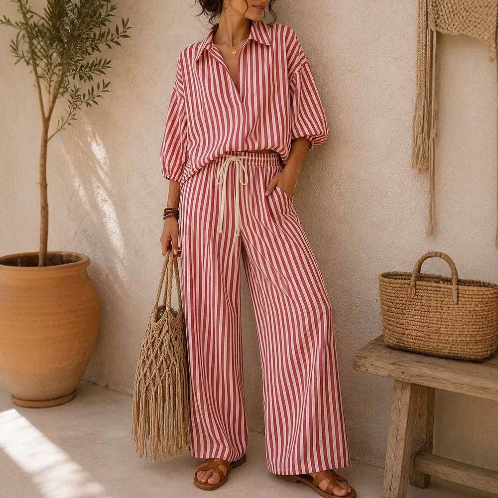 Striped Oversized Shirt Wide Leg Pants Set