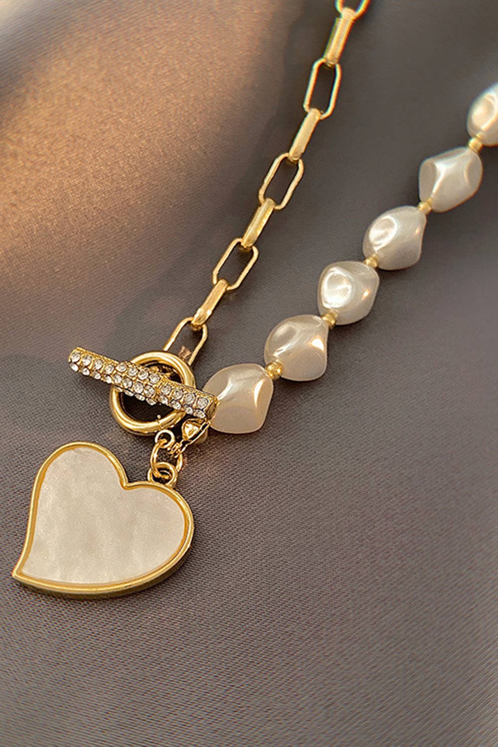 Heart Shape Rhinestone Pearl Decor Chain Necklace