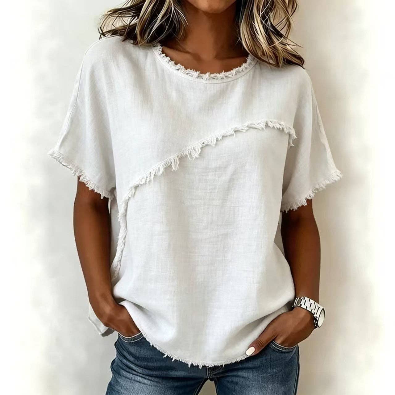 Frayed Edge Linen Blend Top Round Neck Short Sleeve Casual