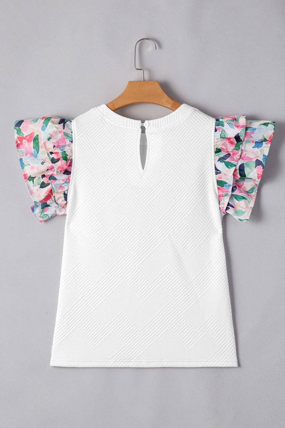 White Textured Knit Floral Ruffle Sleeve Casual Top