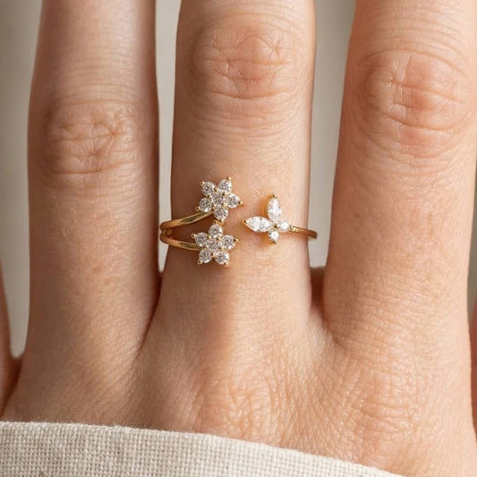 Double Cz Flower And Butterfly Open Band Ring